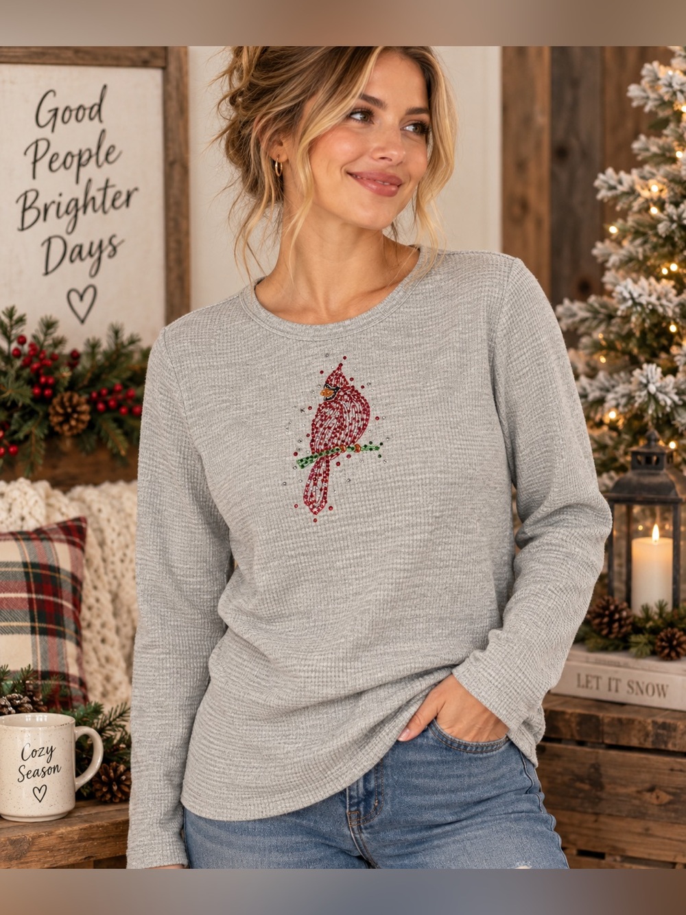 Quacker Factory Light Gray Waffle Knit Long Sleeve Top with Red Cardinal